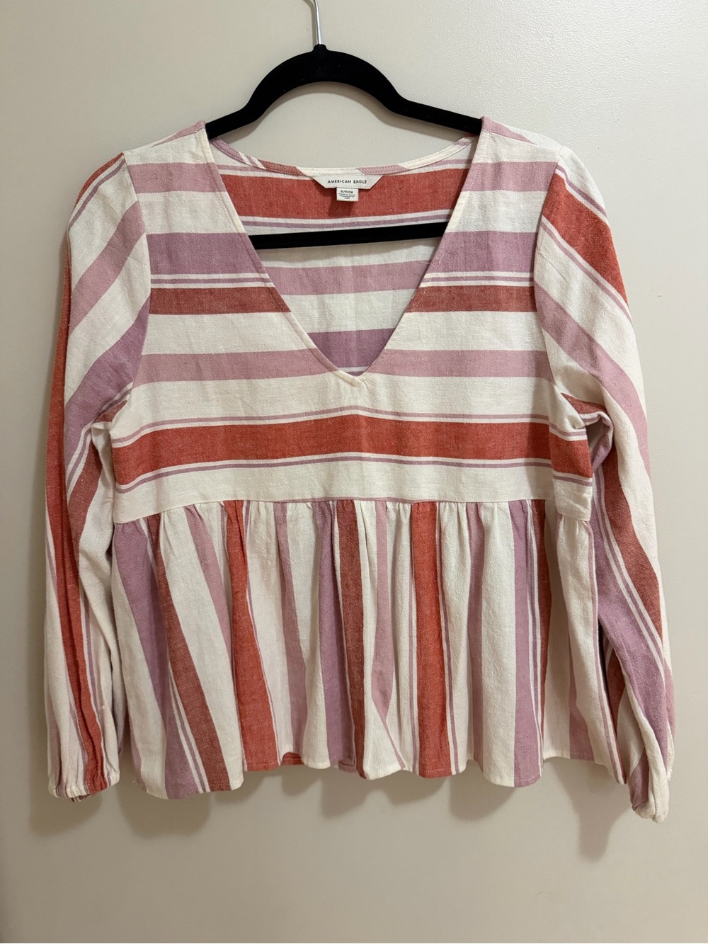American Eagle Linen Blend Striped Babydoll Peplum Blouse Top Small Boho
